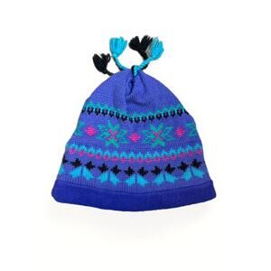 Vintage 90s LL Bean Wool Ski Snow Hat W Tassels Purple Blue Retro Snowflakes